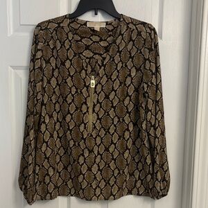 Michael Kors Brown Snake-Print Long-Sleeve Blouse with Gold Zip